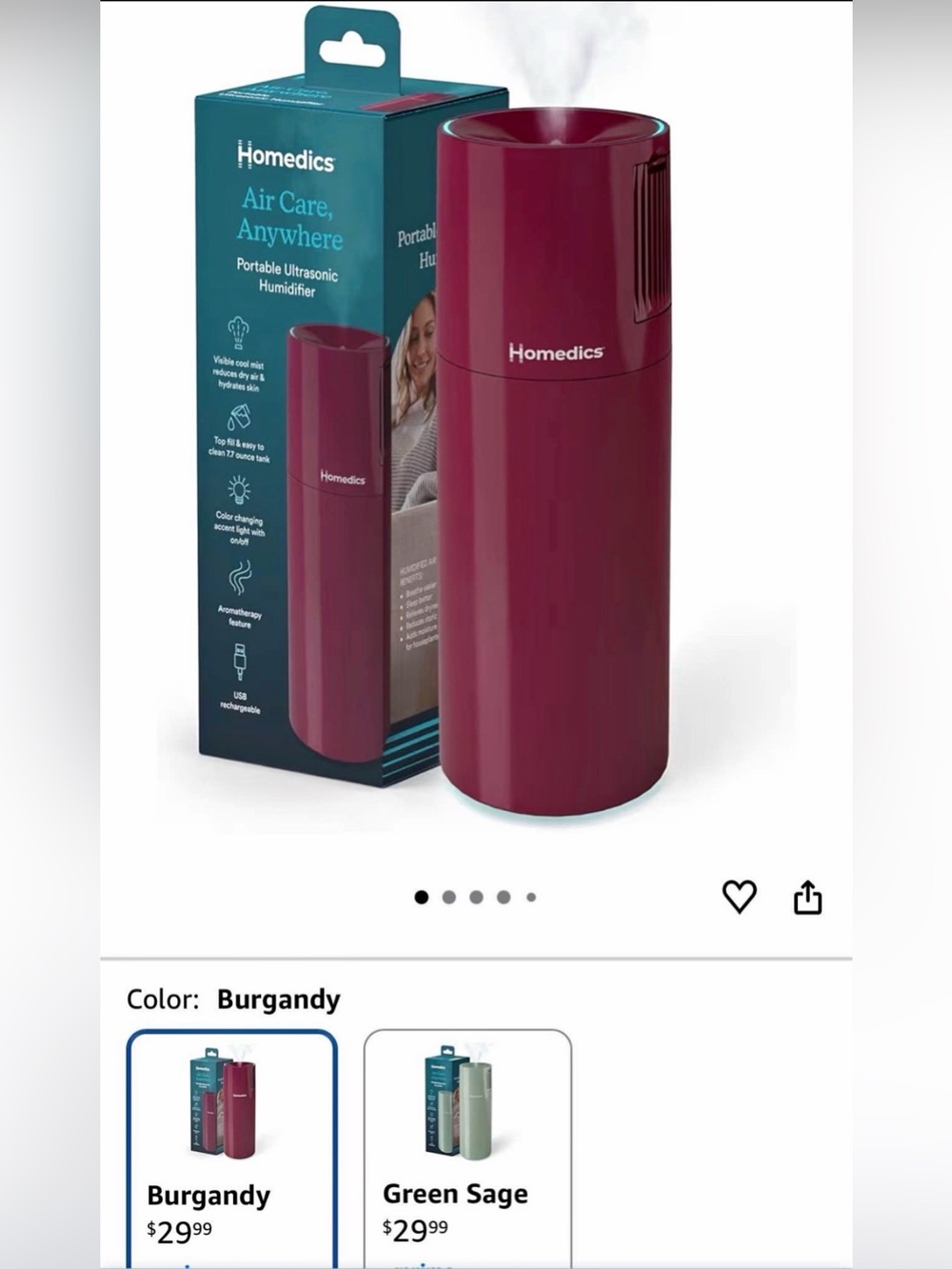 Homedics Portable Ultrasonic Humidifier in Burgundy